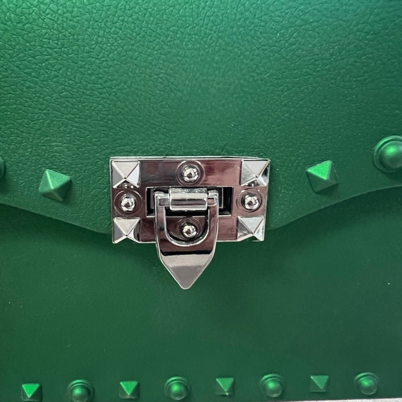 Green Studded Jelly Satchel Top Handle Crossbody Bag Rivet Lock Y2K - Picture 5 of 16